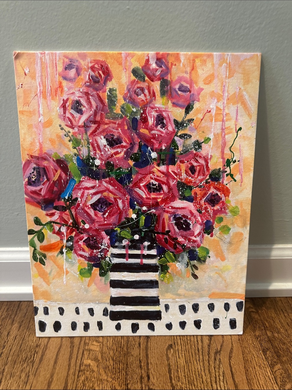 Original acrylic painting 11x14 Bright Pink Black White stripe floral Canvas